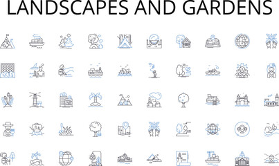 Landscapes and gardens line icons collection. Ergonomics, Aesthetics, Innovation, Prototyping, Sustainability, Minimalism, Functionality vector and linear illustration. Materials,Visualization