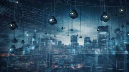 A futuristic city skyline with a network of security cameras and a blue digital grid overlay