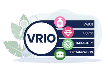 VRIO - Value, Rarity, Imitability, Organization acronym. business concept background. vector illustration concept with keywords and icons. lettering illustration with icons for web banner, flyer