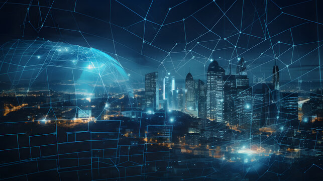 A futuristic city skyline with a network of security cameras and a blue digital grid overlay, symbolizing the role of technology in protecting our online information.