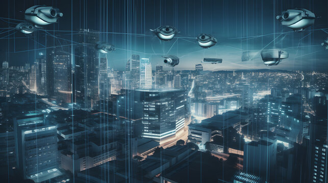 A futuristic city skyline with a network of security cameras and a blue digital grid overlay
