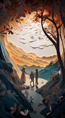Lover and couple paper cut art with nature background. Generative AI