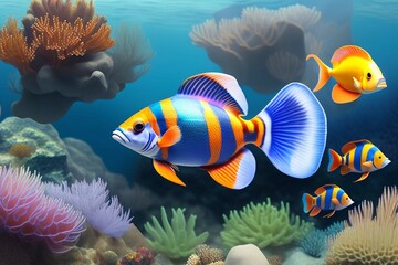 Naklejka na ściany i meble Colorful tropical fish swimming in ocean AI generated. 