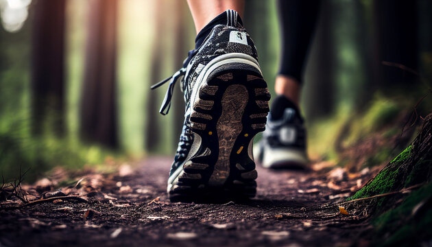 Lady trail runner walking on forest path with close up. Generative AI