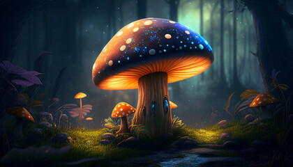 Magic mushroom in the forest. Generative AI - obrazy, fototapety, plakaty