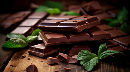 Chocolate bar with cocoa nibs and mint leaves
generative, ai