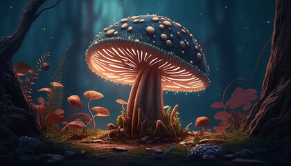 Magic mushroom in the forest. Generative AI