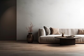Comfortable Sofa with Copy Space on Wall for Advertisement in Living Room Interior Design. Generative AI illustrations.