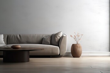 Comfortable Sofa with Copy Space on Wall for Advertisement in Living Room Interior Design. Generative AI illustrations.