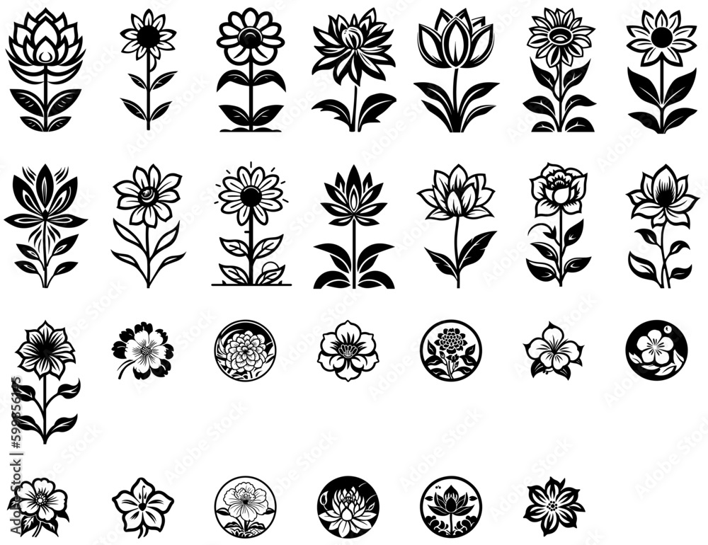 Wall mural set of black and white flower icon