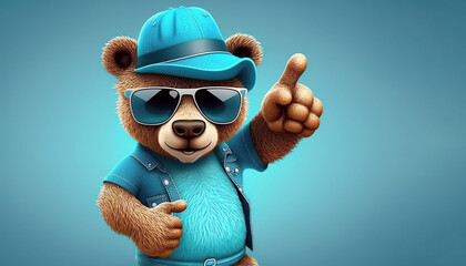 Fototapeta premium plush toy character stylish teddy bear in hat and sunglasses points with finger on blue background. Generative AI illustration