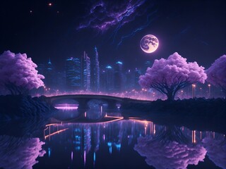 Ciudad bajo una luna purpura - obrazy, fototapety, plakaty