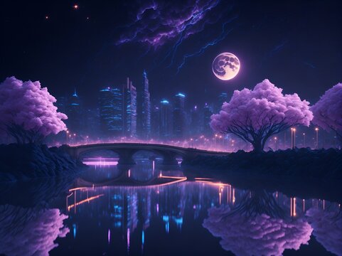 Ciudad bajo una luna purpura