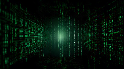 Fototapeta na wymiar A dark background with a matrix of green binary code, evoking the concept of hacking and cyber attacks in the virtual world.