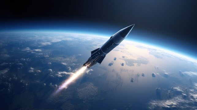 A rocket soars from Earth into space, science concept. Generative AI