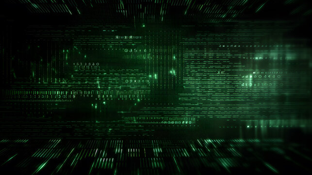 A dark background with a matrix of green binary code, evoking the concept of hacking and cyber attacks in the virtual world.