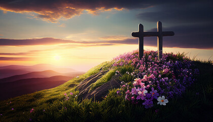 Religious cross on hilltop with spring flowers and sunrise. Generative AI - obrazy, fototapety, plakaty