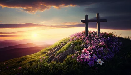 Foto op Plexiglas Religious cross on hilltop with spring flowers and sunrise. Generative AI © mfz