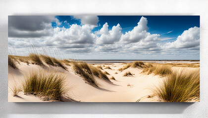 Sand dunes panorama with beach grass. Generative AI