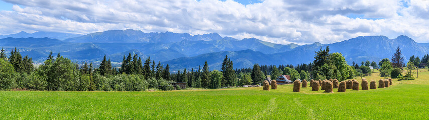 Panorama of Tatra Mountains (Poland) with Mount Giewont seen from Gubałówka on a sunny summer day. In the foreground a green pasture with sheaves of hay. - obrazy, fototapety, plakaty