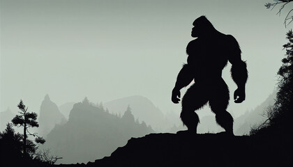 Sasquatch silhouette standing on cliff ledge. Generative AI