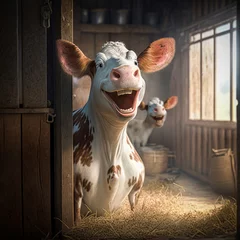 Fotobehang Lachende Kuh im Stall im Cartoon-Style. Generative AI © Carmen Steiner