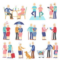 Seniors activities. Modern old people and senior couples set. Cartoon vector collection of elderly couples during a healthy and active retire. Flat vector illustration isolated on white
