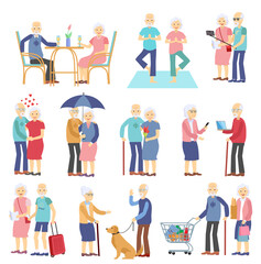 Naklejka premium Seniors activities. Modern old people and senior couples set. Cartoon vector collection of elderly couples during a healthy and active retire. Flat vector illustration isolated on white