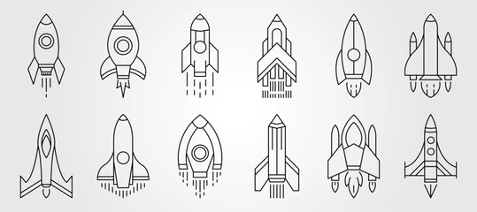 vector set of rocket line art icon logo symbol illustration design, space shuttles logo design, flying spaceships design.