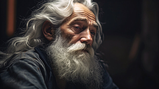 In a dim room, an aged Icelandic man with gray hair and beard poses, his eyes full of wisdom. Dramatic lighting amplifies his character and life's tales. Generative AI