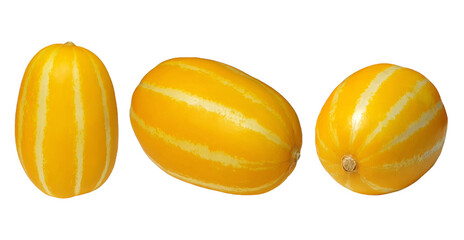 Summer Fruit and Vegetables Three Korean Yellow Melons (Chamoe) Isolated on a White Background - obrazy, fototapety, plakaty