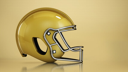 Golden football helmet isolated on yellow background. 3D illustration