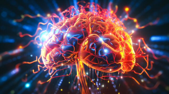 a close-up of a human brain with various electrical circuits highlighted in bright colors Generative AI