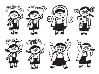 白衣を着た女性のコミカルでかわいい全身イラストコレクション。白黒イメージ