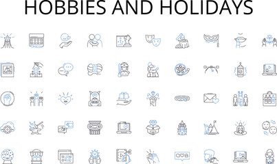 Hobbies and holidays line icons collection. Groceries, Produce, Meat, Dairy, Bakery, Deli, Prepared foods vector and linear illustration. Snacks,Beverages,Frozen foods outline signs set