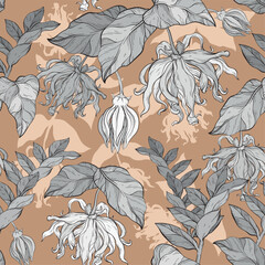 Seamless pattern with ylang ylang flowers and leaves