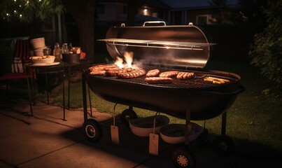  a bbq grill with hot dogs and sausages cooking on it.  generative ai