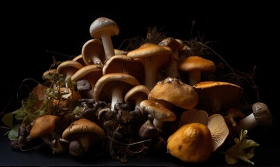  a pile of mushrooms sitting on top of a wooden table.  generative ai
