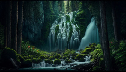 Waterfall cascades in a green forest. Generative AI