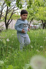 portrait of a boy running in nature among the grass