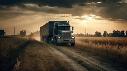 A cargo truck is driving on the highway against the backdrop of a landscape. Cargo transportation concept. AI generated