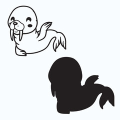 Walrus art silhouettes and icons. Black flat color simple elegant Walrus animal vector and illustration.