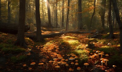  a forest filled with lots of mushrooms next to a fallen tree.  generative ai