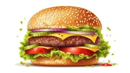 Delicious burger on a white background. Hamburger illustration. Fast food in a cafe. AI generated