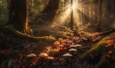  a group of mushrooms in the middle of a forest with sunlight shining through the trees.  generative ai