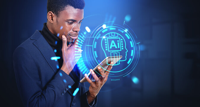 African businessman using tablet with pensive look, technology and communication