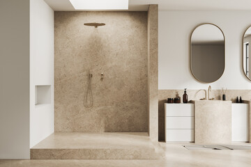 White bathroom interior with shower and double sink - obrazy, fototapety, plakaty