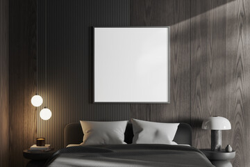 Dark bedroom interior with bed and nightstand with decoration. Mockup frame