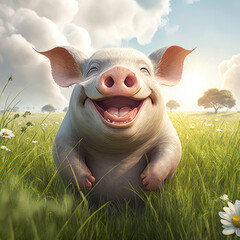  Lachendes Schwein steht auf einer Wiese, Cartoon Style. Generative AI - 599859986