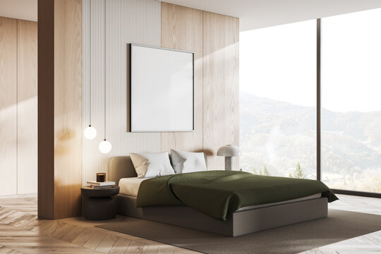 Light bedroom interior with sleep corner and panoramic window. Mock up frame
